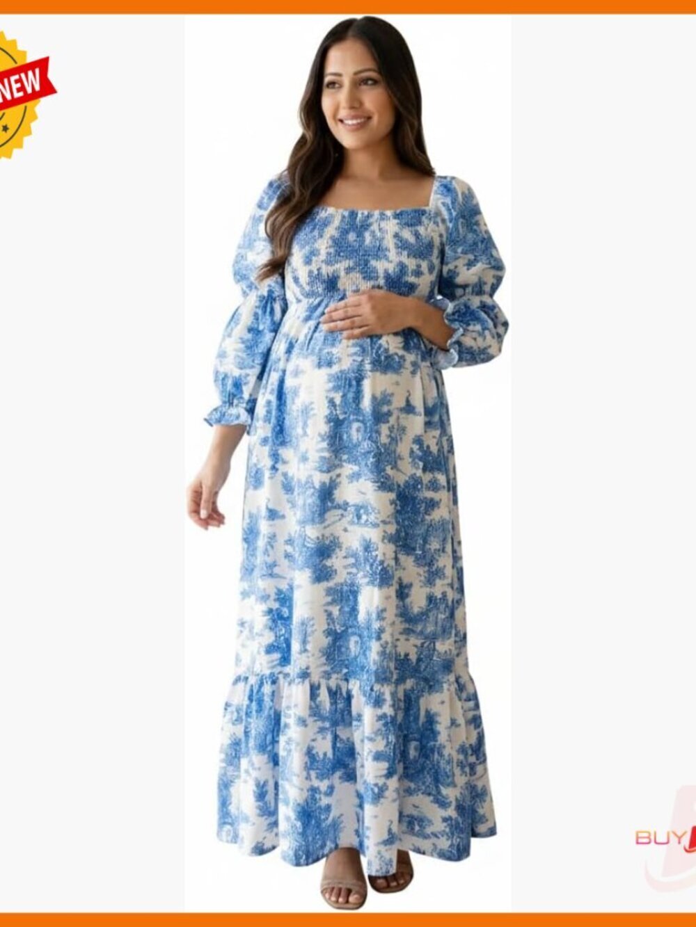 Ruffle Ruched High Waist Puff Sleeve Maternity Maxi Dress